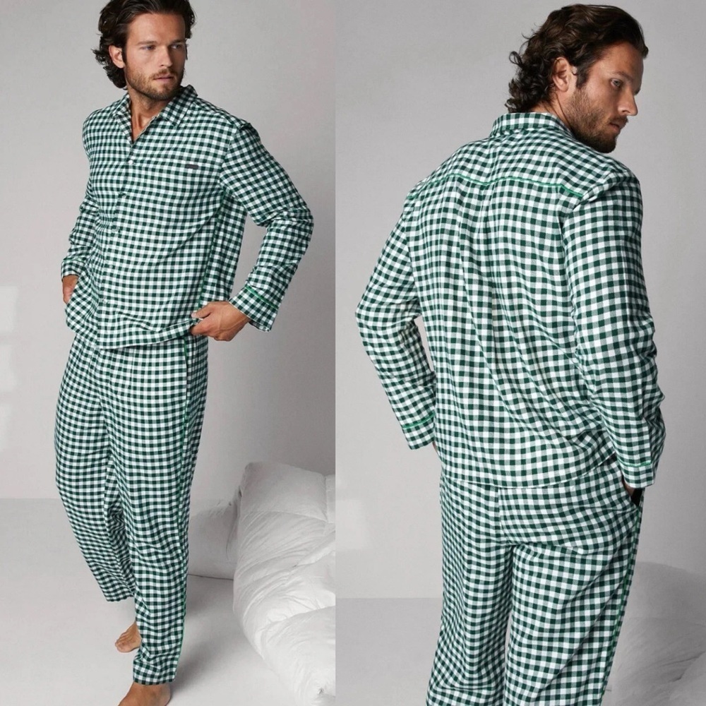 Lunya Lahgo Brushed Flannel Long Sleeve‎ Pant Set In Verdant Check Green Men's M